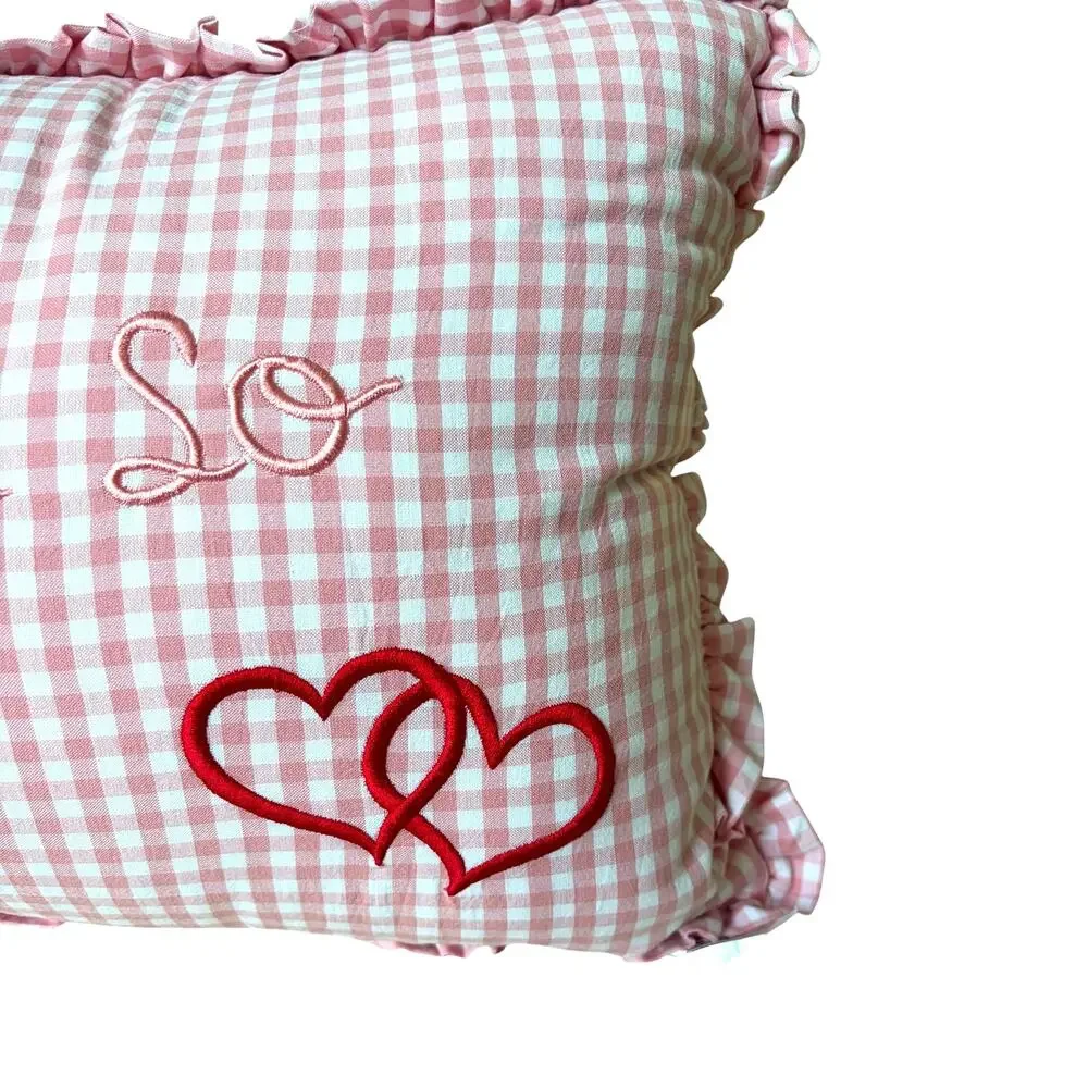 Chelsea & Theodore Pink Gingham Embroidered Hearts Pillow LOVE YOU SO 14x24 New